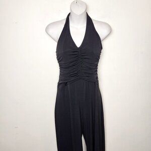 Vintage Alyn Paige Y2K black ruched halter wide leg jumpsuit romper. Size Small